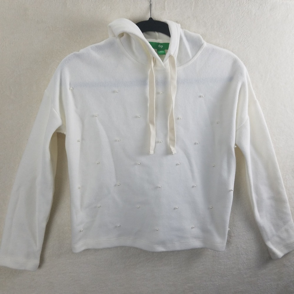 Dip Womens Pearl Embellished Hoodie Sweatshirt Cream White XS Casual Pullover